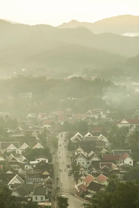 Framed Print : Misty morning view over Luang Prabang (ancient capital of Laos on the Mekong river), Laos Framed Print : Misty morning view over Luang Prabang (ancient capital of Laos on the Mekong river), Laos