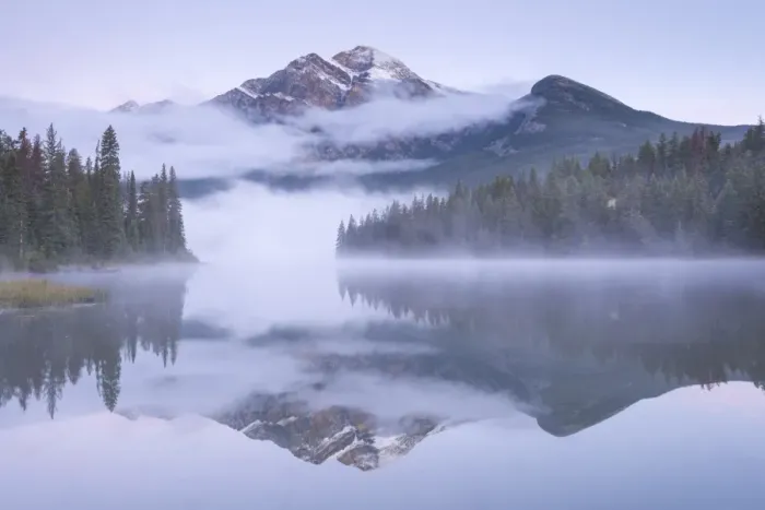 Framed Print : A misty Pyramid Mountain reflected in Pyramid Lake at dawn, Jasper National Park Framed Print : A misty Pyramid Mountain reflected in Pyramid Lake at dawn, Jasper National Park