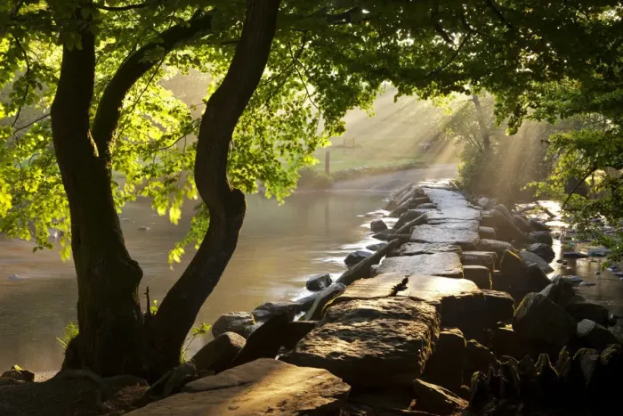 Framed Print : Misty Summer morning by Tarr Steps clapper bridge, Exmoor National Park, Somerset Framed Print : Misty Summer morning by Tarr Steps clapper bridge, Exmoor National Park, Somerset