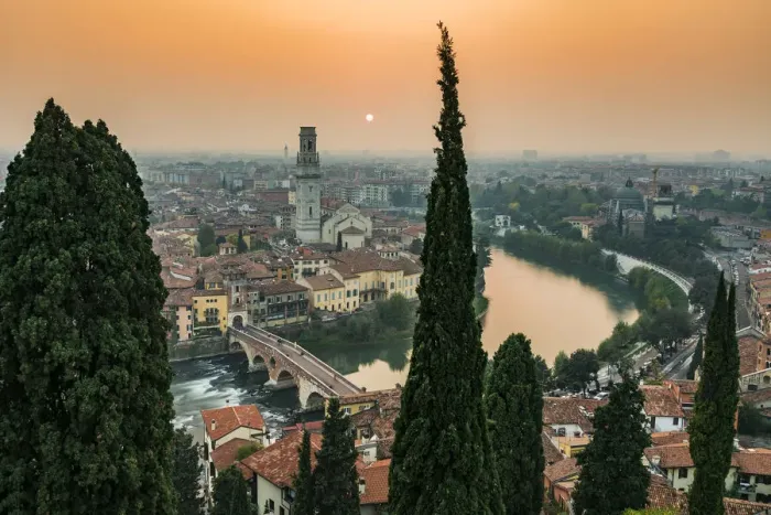 Framed Print : Misty sunset and city skyline, Verona, Veneto, Italy Framed Print : Misty sunset and city skyline, Verona, Veneto, Italy