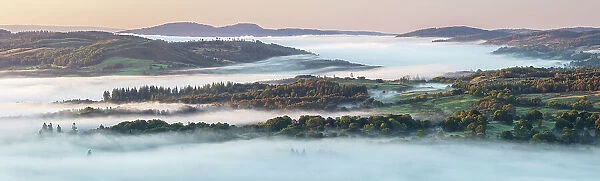 Misty view from Loughrigg Fell, Lake District National Park, Cumbria, England, UK