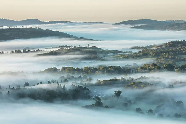 Misty View from Loughrigg Fell, Lake District National Park, Cumbria, England, UK