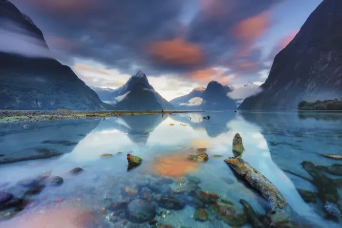 Framed Print : Mitre Peak reflecting in the fjord water at sunrise at Milford Sound in New Zealand Framed Print : Mitre Peak reflecting in the fjord water at sunrise at Milford Sound in New Zealand