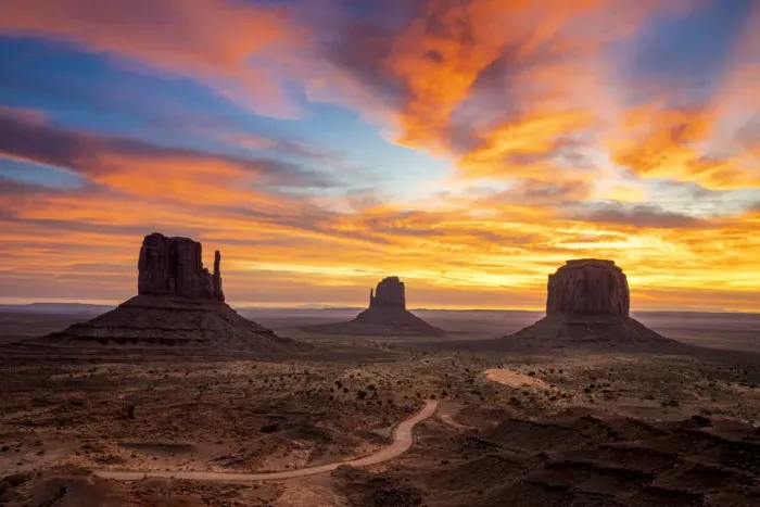 Framed Print : The Mittens against colourful cloudy sky at sunrise, Monument Valley, Arizona, USA