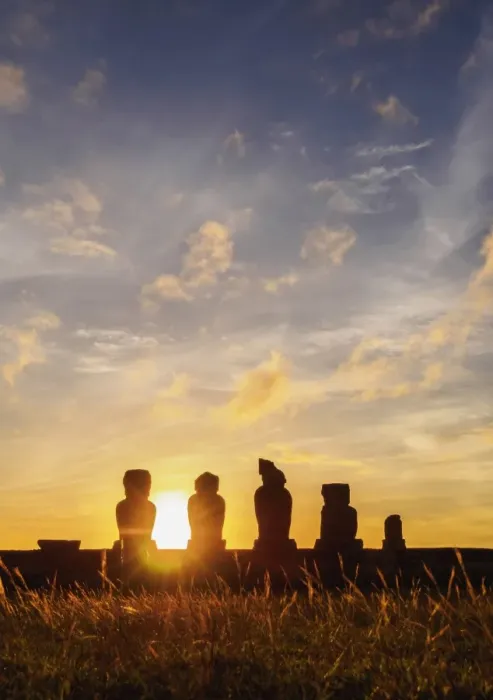 Framed Print : Moais in Ahu Vai Uri at sunset, Tahai Archaeological Complex, Rapa Nui National Park