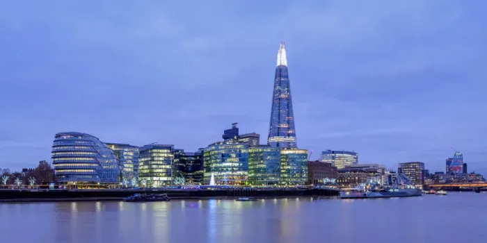 Framed Print : Modern Architecture by the Queens Walk and The Shard at twilight, London, England Framed Print : Modern Architecture by the Queens Walk and The Shard at twilight, London, England