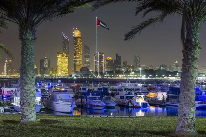 Framed Print : Modern city skyline and Marina, Abu Dhabi, United Arab Emirates, UAE Framed Print : Modern city skyline and Marina, Abu Dhabi, United Arab Emirates, UAE