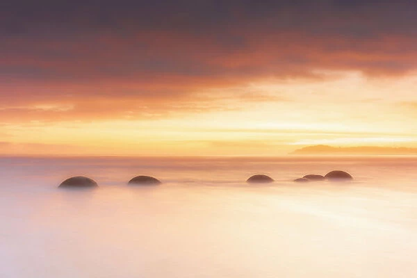 Moeraki Boulders rock formations by the sea at sunrise, Otago, New Zealand