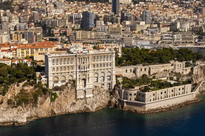 Framed Print : Monaco Oceanographic Museum and Montecarlo, View from Helicopter, Cote d Azur Framed Print : Monaco Oceanographic Museum and Montecarlo, View from Helicopter, Cote d Azur