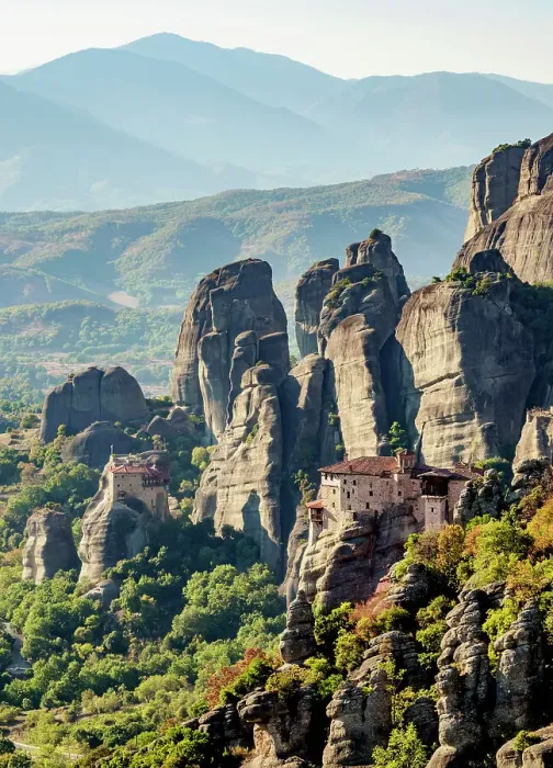 Framed Print : Monasteries of Rousanou and Saint Nicholas Anapafsas, elevated view, Meteora, Thessaly, Greece