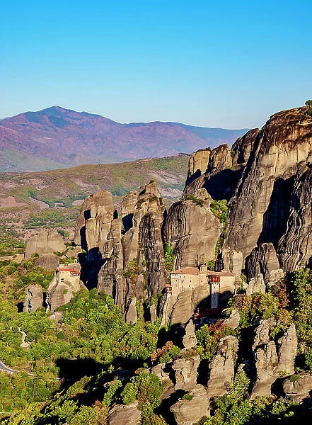 Monasteries of Rousanou and Saint Nicholas Anapafsas, elevated view, Meteora, Thessaly, Greece
