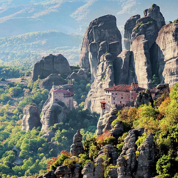 Monasteries of Rousanou and Saint Nicholas Anapafsas, elevated view, Meteora, Thessaly, Greece
