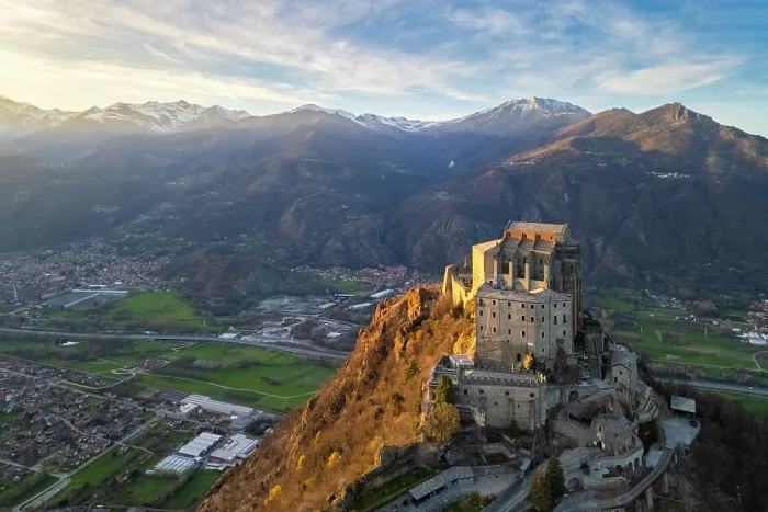 Framed Print : monastery called Sacra di San Michele, symbol of Piedmont region, located on the mount Pirchiriano, Sant'Ambrogio di Torino, Val di Susa, Torino district, Piedmont, Italy