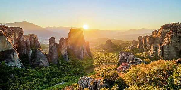 Monastery of Rousanou at sunset, elevated view, Meteora, Thessaly, Greece