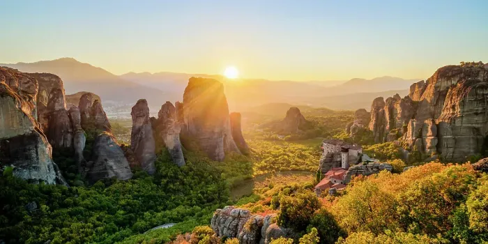 Framed Print : Monastery of Rousanou at sunset, elevated view, Meteora, Thessaly, Greece Framed Print : Monastery of Rousanou at sunset, elevated view, Meteora, Thessaly, Greece