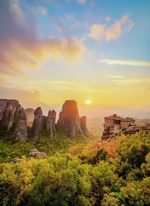 Framed Print : Monastery of Rousanou at sunset, Meteora, Thessaly, Greece