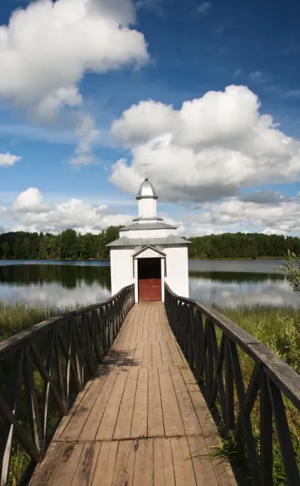 Framed Print : Monastic bath on Pogostskoye Lake, Pokrovo-Tervenichesky Monastery, Leningrad region