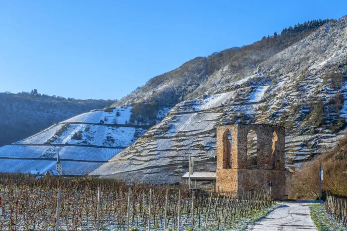 Framed Print : Monastry ruin Stuben with Calmont in winter, Bremm, Mosel valley, Rhineland-Palatinate Framed Print : Monastry ruin Stuben with Calmont in winter, Bremm, Mosel valley, Rhineland-Palatinate
