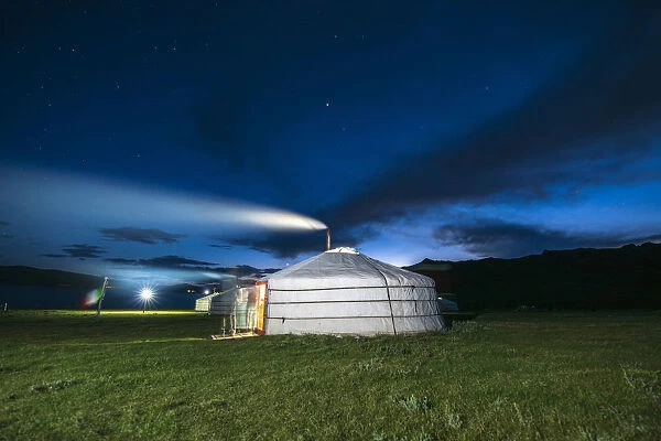 Mongolian ger camp shot at night. Tariat district, North Hangay province, Mongolia