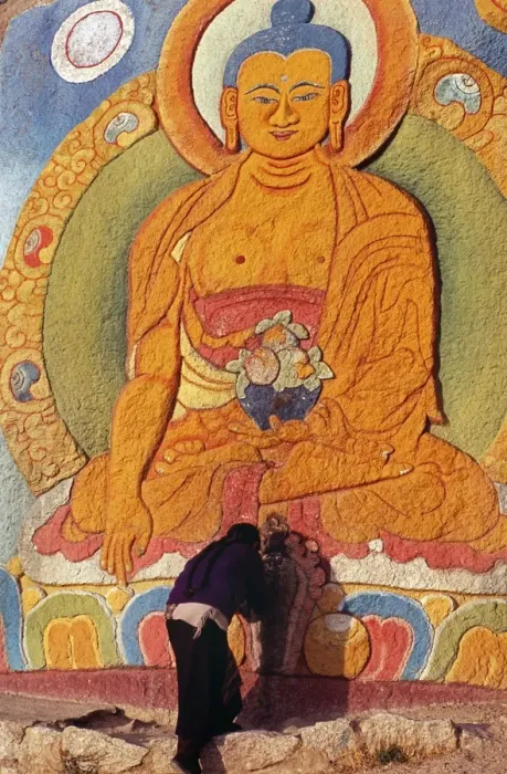Framed Print : A monk bows before an image of a deity, Sera Monastery Framed Print : A monk bows before an image of a deity, Sera Monastery