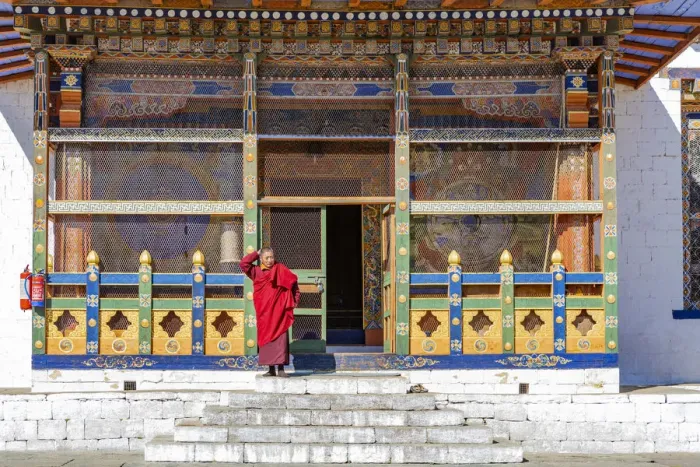 Framed Print : A monk in Kurjee Zangdopelri, Jakar, Bumthang District, Bhutan Framed Print : A monk in Kurjee Zangdopelri, Jakar, Bumthang District, Bhutan