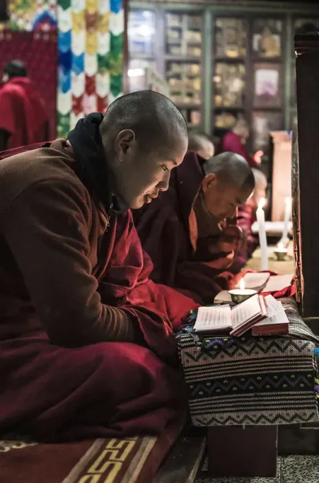Framed Print : Monks during evening candle light prayer in Lhodrak Kharchu monastery, Jakar Framed Print : Monks during evening candle light prayer in Lhodrak Kharchu monastery, Jakar