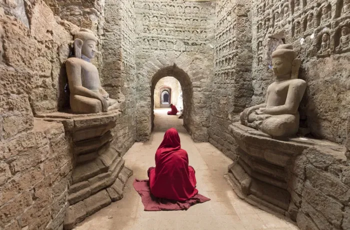 Framed Print : Monks pray in temple, Mrauk U, Rakine State, Burma, Myanmar Framed Print : Monks pray in temple, Mrauk U, Rakine State, Burma, Myanmar