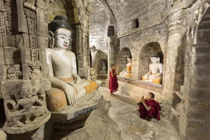 Framed Print : Monks pray in temple, Mrauk U, Rakine State, Burma, Myanmar Framed Print : Monks pray in temple, Mrauk U, Rakine State, Burma, Myanmar