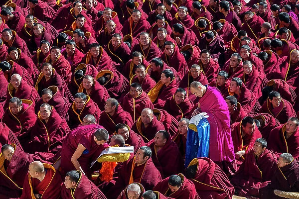 Monks at prayers, Monlam, Great Prayer Festival at Labrang Monastery, Xiahe, China