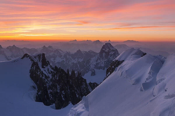 Mont Blanc group at sunrise from Mont Maudit. Chamonix, France, Europe