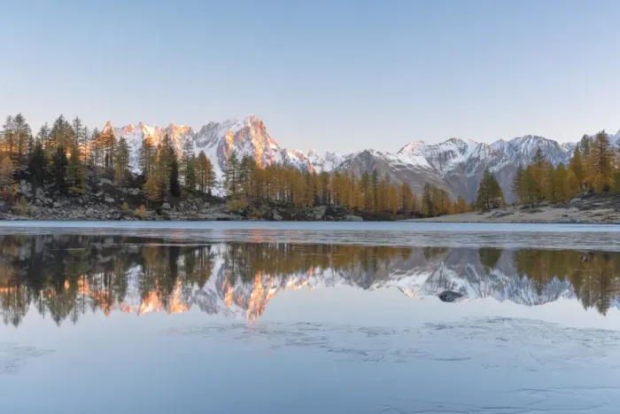 Framed Print : Mont Blanc massif reflected in Lake d Arpy, municipality of Morgex, Valle d Aosta Framed Print : Mont Blanc massif reflected in Lake d Arpy, municipality of Morgex, Valle d Aosta