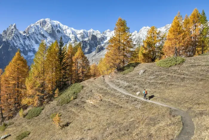 Framed Print : Mont Blanc Massif: a trekker is walking to the Bonatti Refuge during the Mont Blanc Framed Print : Mont Blanc Massif: a trekker is walking to the Bonatti Refuge during the Mont Blanc