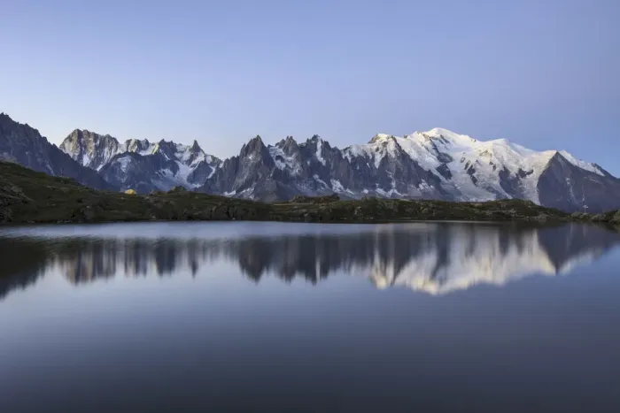 Framed Print : The Mont Blanc mountain range reflected in the waters of Lac de Chesery at sunrise Framed Print : The Mont Blanc mountain range reflected in the waters of Lac de Chesery at sunrise