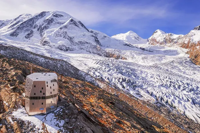 Framed Print : Monte Rosa hut (mountain refuge) surrounded by Gorner glacier and the peaks of the massif of Monte Rosa, Zermatt, Valais, Switzerland Framed Print : Monte Rosa hut (mountain refuge) surrounded by Gorner glacier and the peaks of the massif of Monte Rosa, Zermatt, Valais, Switzerland