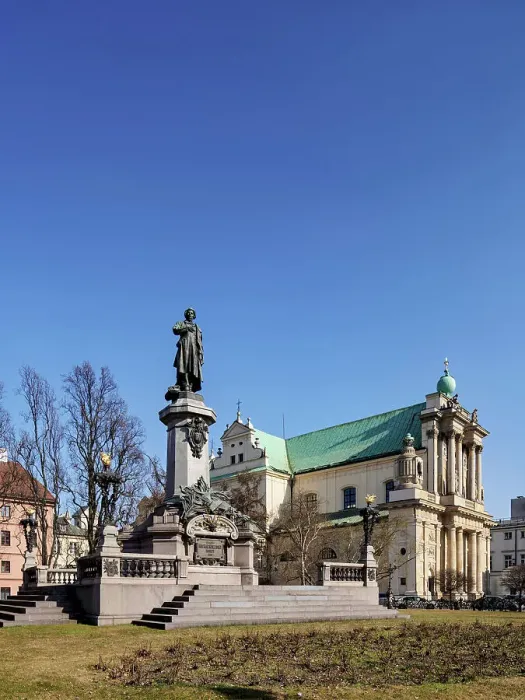 Framed Print : Monument to Adam Mickiewicz and Carmelite Church, Krakowskie Przedmiescie, Warsaw, Masovian Voivodeship, Poland