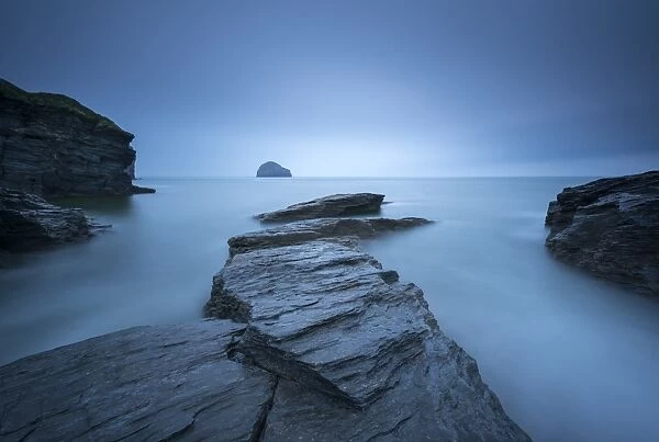 Moody overcast conditions at Trebarwith Strand in North Cornwall, England