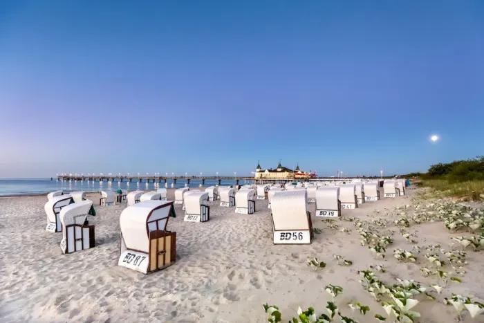 Framed Print : Full moon above beach baskets and pier, Ahlbeck, Usedom island, Mecklenburg-Western Framed Print : Full moon above beach baskets and pier, Ahlbeck, Usedom island, Mecklenburg-Western