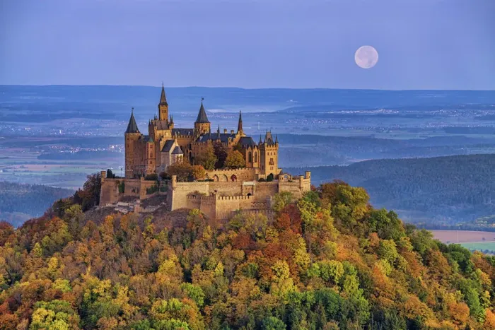 Framed Print : Full Moon over Hohenzollern Castle in Autumn, Baden-Wurttemberg