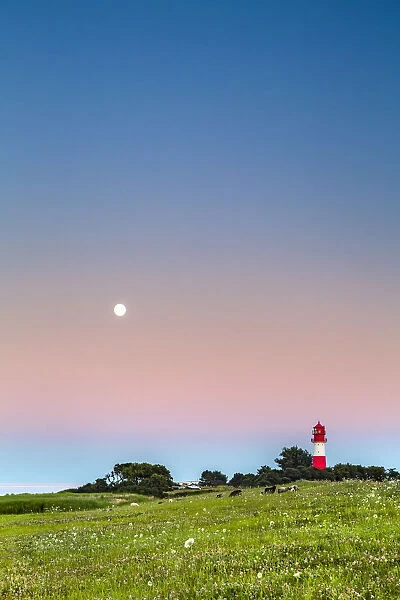 Full moon over lighthouse, Falshoft, Baltic coast, Schleswig-Holstein, Germany
