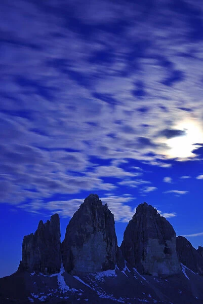 Full moon over the northern walls of the Three Peaks, Sexten Dolomites, Alta Pusteria