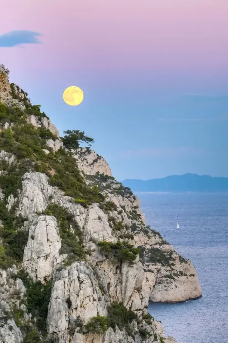 Framed Print : Full moon rising over ocean and Mediterranean landscape at Calanque de Sugiton after Framed Print : Full moon rising over ocean and Mediterranean landscape at Calanque de Sugiton after