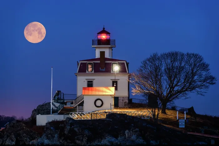 Framed Print : Full moon setting over Pomham Rocks Lighthouse, Riverside, Rhode Island, USA