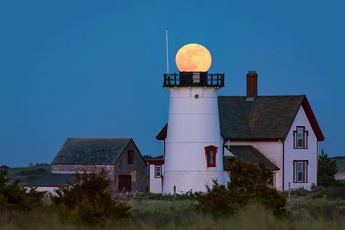Framed Print : Full moon over tower at Stage Harbor Light on Cape Cod, Chatham, Massachusetts, USA Framed Print : Full moon over tower at Stage Harbor Light on Cape Cod, Chatham, Massachusetts, USA