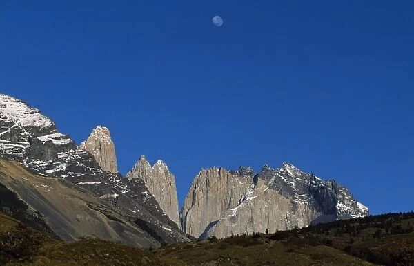Moon over the Towers of Paine from Camping Torres