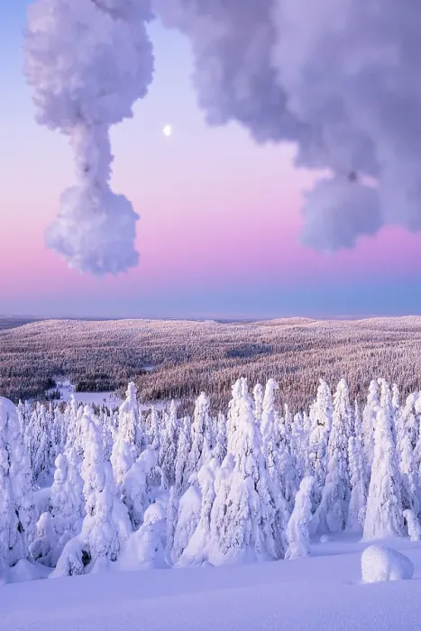 Framed Print : Moonlight over the snowy arctic forest framed by ice sculptures at dawn, Riisitunturi National Park, Posio, Lapland, Finland Framed Print : Moonlight over the snowy arctic forest framed by ice sculptures at dawn, Riisitunturi National Park, Posio, Lapland, Finland