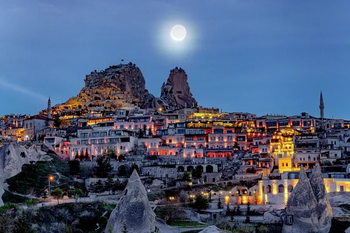 Framed Print : Moonlight over Uchisar Castle and village at dusk, Cappadocia, Nevsehir Province, Central Anatolia, Turkey Framed Print : Moonlight over Uchisar Castle and village at dusk, Cappadocia, Nevsehir Province, Central Anatolia, Turkey