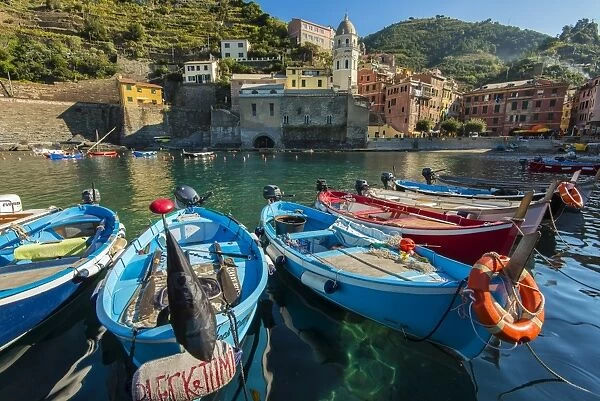 Moored fishing boats in the small port of Vernazza, Cinque Terre, Liguria, Italy