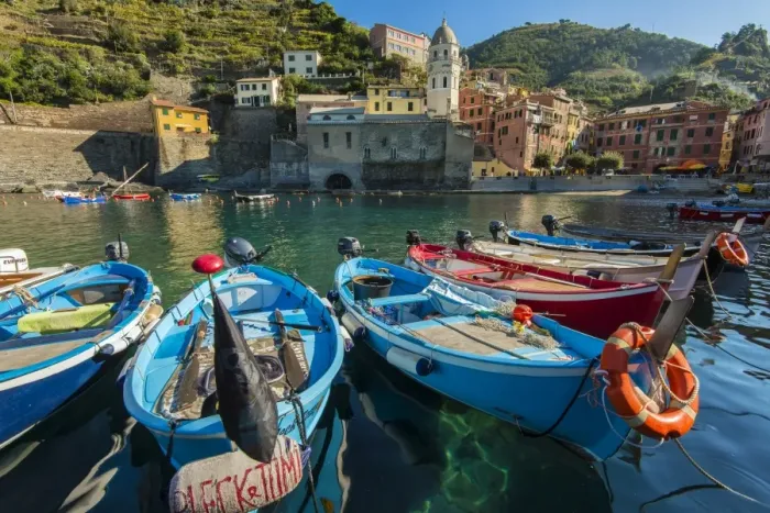 Framed Print : Moored fishing boats in the small port of Vernazza, Cinque Terre, Liguria, Italy