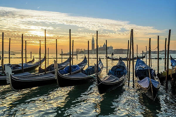 Moored gondolas and Church of San Giorgio Maggiore in the background at sunrise Venice, Veneto, Italy