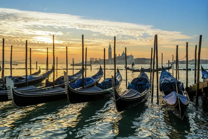 Framed Print : Moored gondolas and Church of San Giorgio Maggiore in the background at sunrise Venice, Veneto, Italy Framed Print : Moored gondolas and Church of San Giorgio Maggiore in the background at sunrise Venice, Veneto, Italy